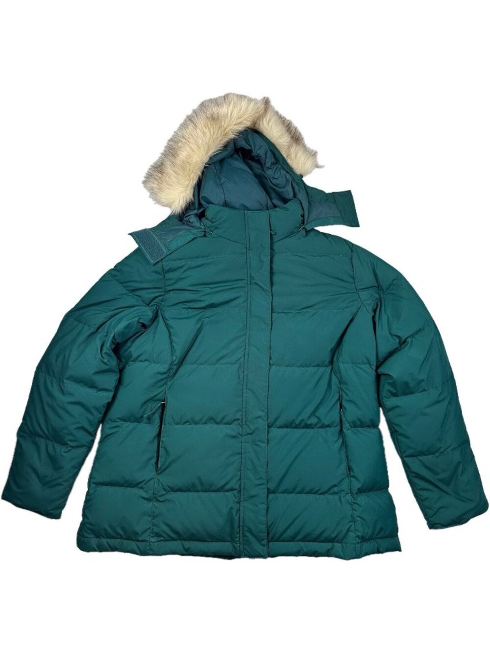 LL Bean Women’s Hooded Parka Coat/Jacket Down Dark Emerald Green Faux Fur XL Reg
